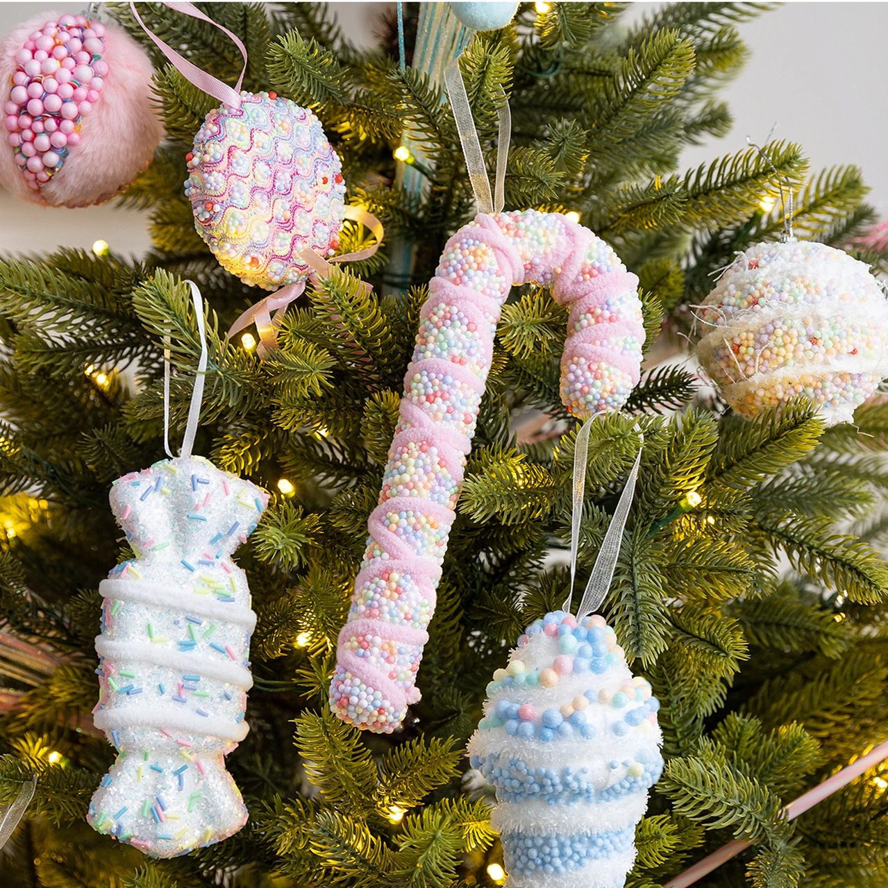 Christmas Tree Ornament Candy Cane Ice Cream Bow Donut Plastic Natal Pendant Xmas Window Pendant Party Home Wall Shop Decoration